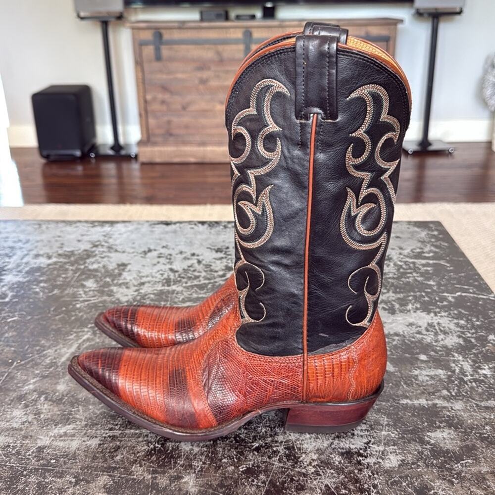 Nocona Black/Cognac Vintage Leather and Lizard Western Boots Size 7